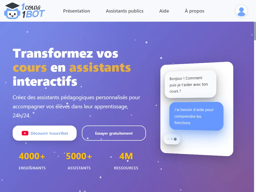 Accueil 1cours1bot - Transformez vos cours en assistants interactifs